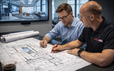 Architect and AV systems integration manager reviewing blueprints for a modern corporate lobby AV installation