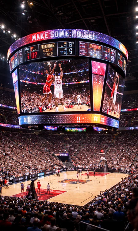Center-hung LED scoreboard in arena