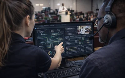 AV engineer demonstrating network monitoring and cybersecurity controls in a church broadcast control room