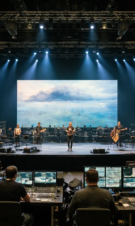 Discovery Church Sanctuary Interior Interior of Discovery Church sanctuary with stage, lighting rigs, speaker arrays, and projection screens before service