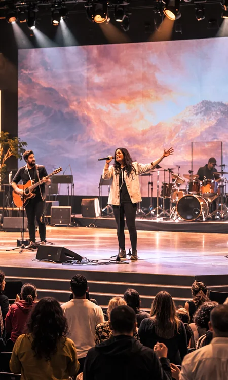 Worship Lighting Design Modern worship stage lighting with neutral tones and live environment