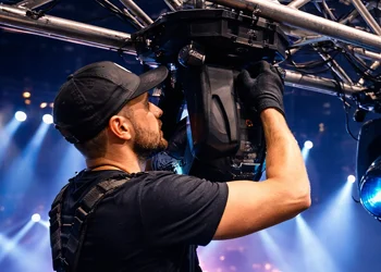 Lighting technicians installing stage lighting fixtures