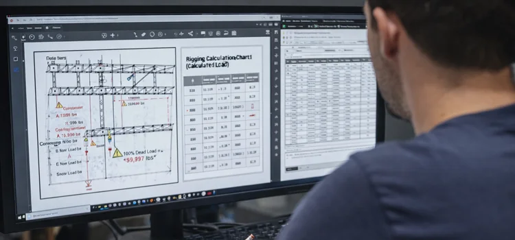 engineer reviewing rigging load calculations on plans