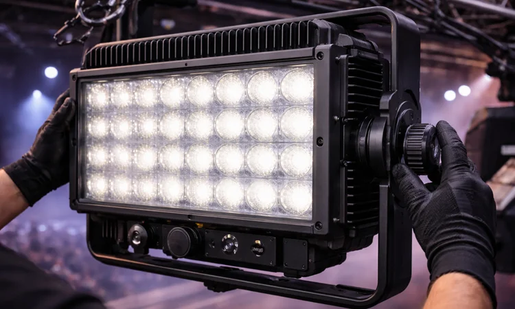 Close-up of technician installing LED lighting panel