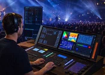 Lighting technician operating digital lighting console in control room