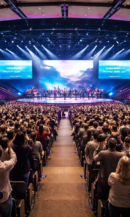 Scalable Worship Environments Large congregation in a mega church with stage and production systems