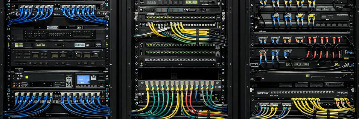 Organized AV equipment racks with labeled components and clean cable management