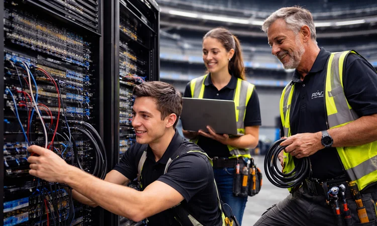 audio video systems integration technicians installing equipment in large venue