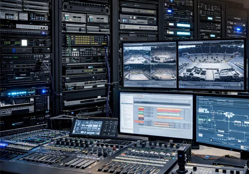 Integrated AV systems control room managing audio, video, lighting, and network infrastructure.