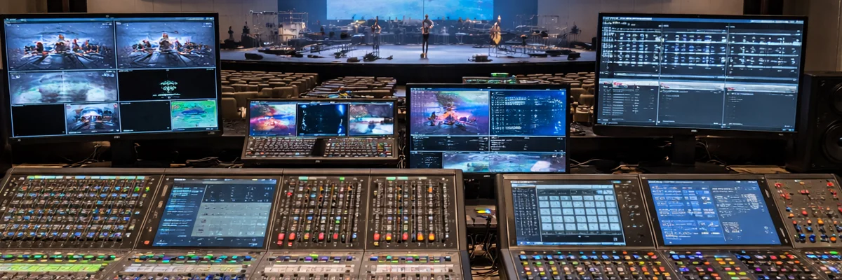 Discovery Church Production Control Room Church production booth with audio mixer, video monitors, and lighting control for Discovery Church