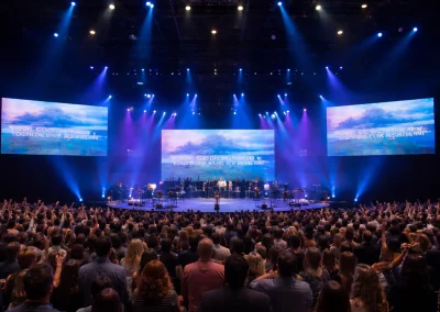 Modern worship service at Discovery Church in Orlando with stage lighting, LED screens, and congregation during live production