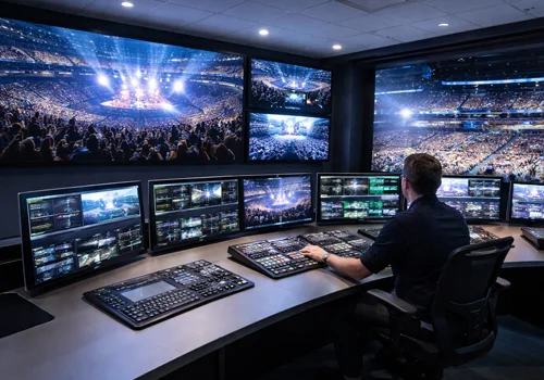 Large-scale LED video display system integrated in a venue environment for live events and visual communication.