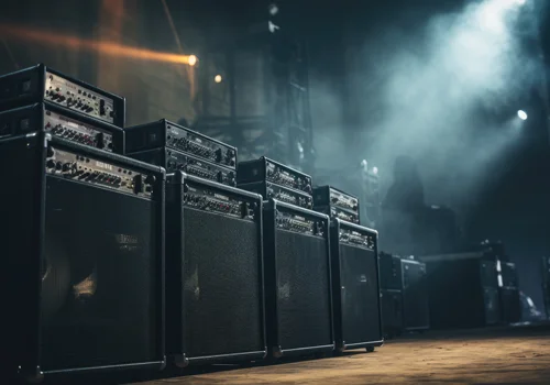 Professional audio system installation providing distributed sound coverage in a large venue environment.