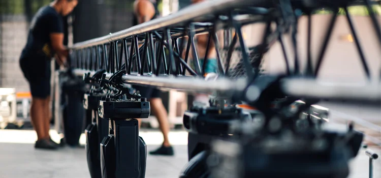 overhead steel truss rigging structure in large venue