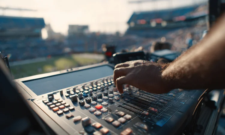 Camera operator filming live sports event from sideline