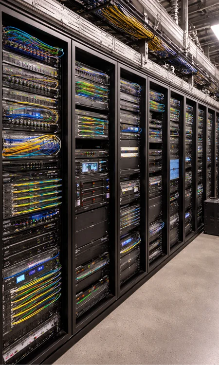 AV equipment racks with structured cabling in stadium technical room