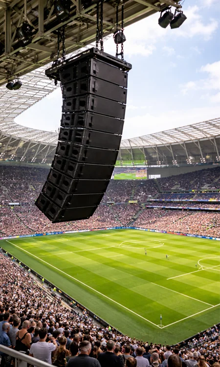 Line array speaker system installed in large sports stadium above crowd
