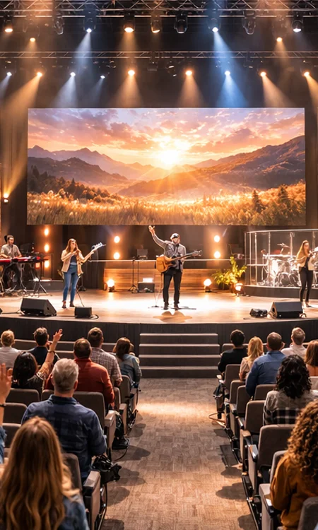 Discovery Church Technology Highlights Close-up collage of audio console, camera rig, lighting fixtures, and control screens used in church production
