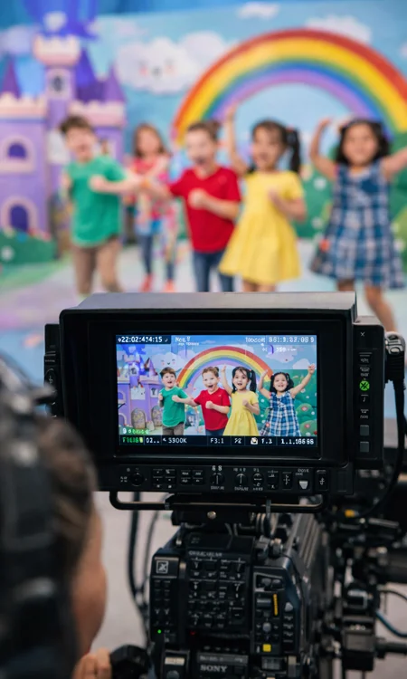 Children tv show live production Professional tv camera viewfinder showing a children's show