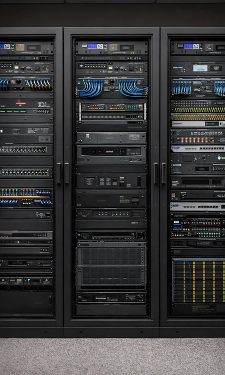 AV equipment racks in corporate server room with structured cabling