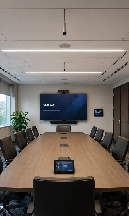 AV Integration in Corporate Environments Corporate meeting room with integrated AV systems installed