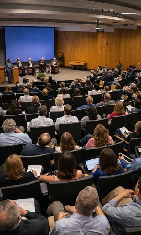 corporate employees collaborating in meeting space with AV systems