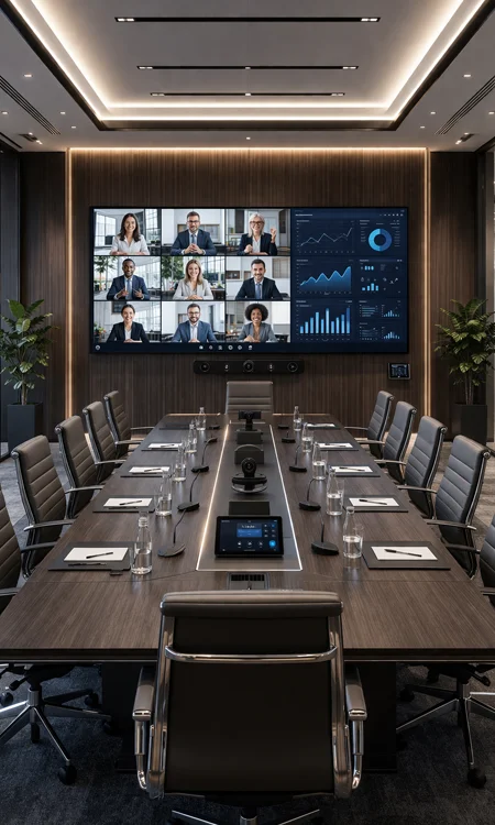 executive boardroom with video conferencing system and large display