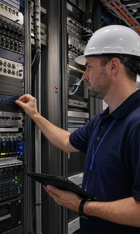 Technician commissioning mission-critical audio infrastructure in an organized equipment room.