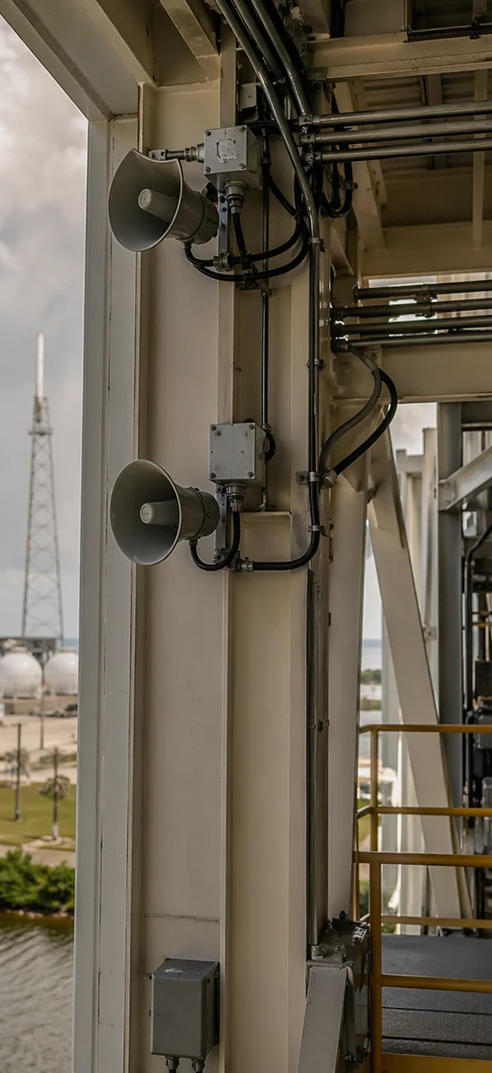 Public-address speaker infrastructure mounted within an industrial launch-support environment.