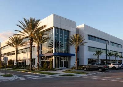 Exterior view of the Northrup Grumman Control Center in Melbourne, Florida, with a modern office facade, palm-lined frontage, and parking area at dusk.