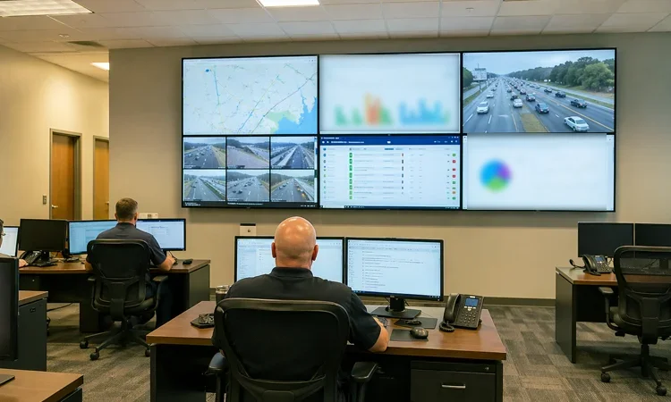 Operators working in a secure multi-display control room during active monitoring.