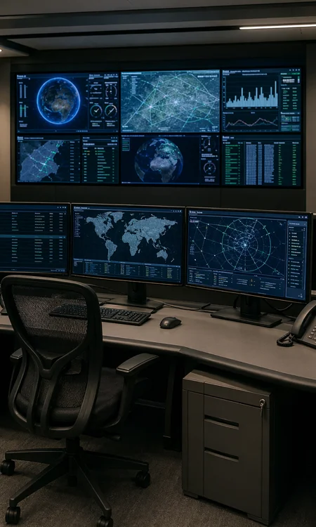 Operator workstation inside a secure control room with multiple displays visible in the background.