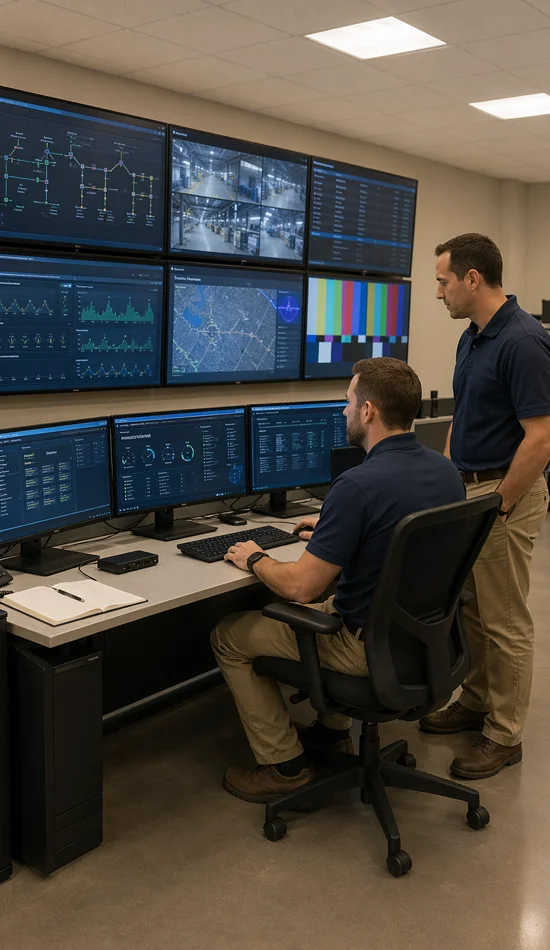 Technicians testing a staged multi-display control room system before deployment.
