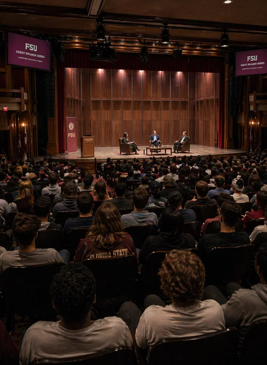 University Theater Guest Speaker Event Students attending a guest speaker panel discussion in a university theater with stage and audience visible