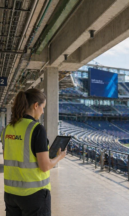 Distributed AV Systems in Stadium Environments Technician inspecting AV distribution systems in stadium seating area