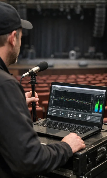 Audio System Calibration in Performing Arts Venue Technician measuring and tuning theater sound system using microphone and software