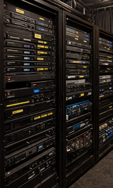 Backstage AV Equipment Racks in Theater Organized AV and network equipment racks in performing arts venue