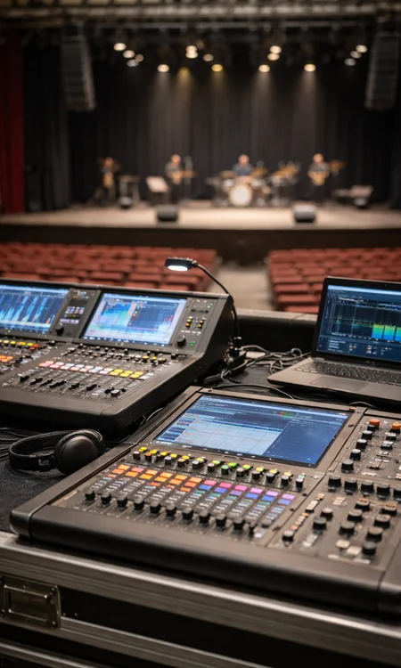 Front of House Control Position in Theater Audio and lighting control consoles at front of house in a performing arts venue