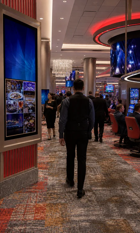 Guest-facing casino displays operating within a busy hospitality environment