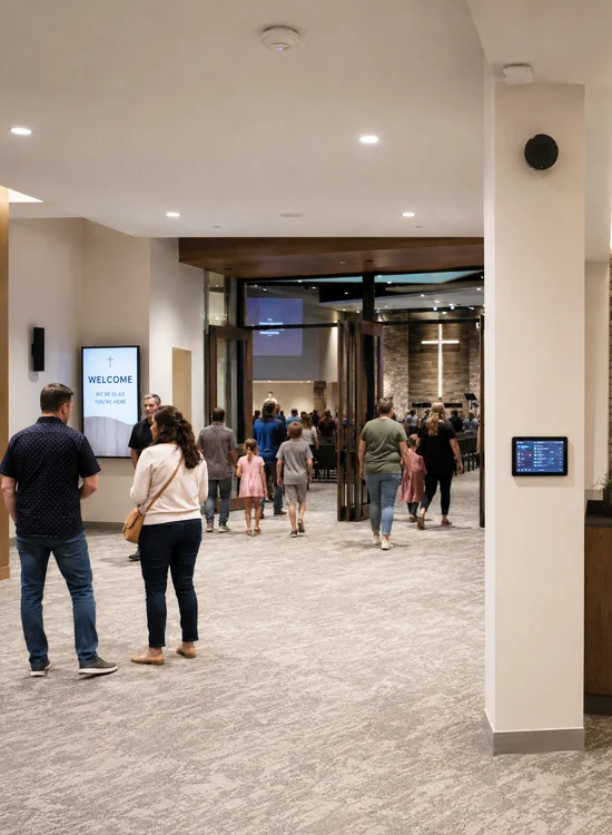 Modern church lobby with guests entering the auditorium and integrated smart lighting controls