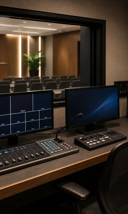 American Express Vanderbilt Building AV control backroom Compact AV control backroom at the American Express Vanderbilt Building with minimal monitors, equipment racks, and a clean support layout for executive events.