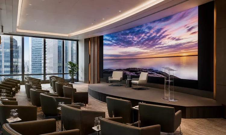 American Express Vanderbilt Building event environment Wide view of a polished corporate event space with integrated presentation technology inside a New York high-rise.