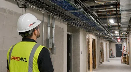 Technician inspecting AV cabling in overhead cable tray