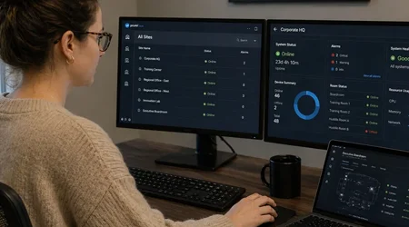 Engineer monitoring AV system performance remotely on multiple screens