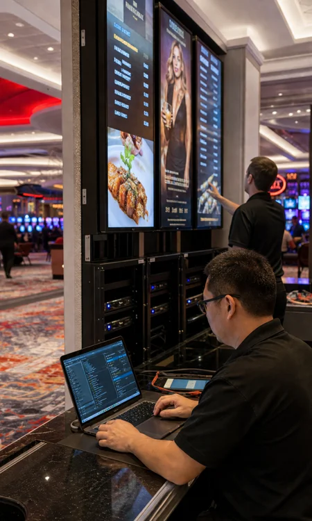 Technician programming digital signage displays inside casino environment with media players and control systems