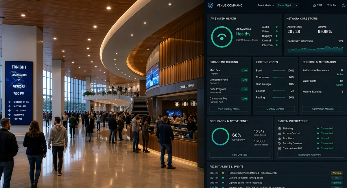 Smart lighting system tracking occupancy and lighting levels inside a modern venue lobby