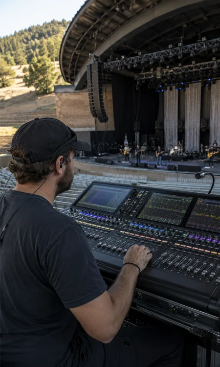 Hollywood Bowl front-of-house operations Front-of-house engineer operating a digital live-sound console in a large outdoor venue