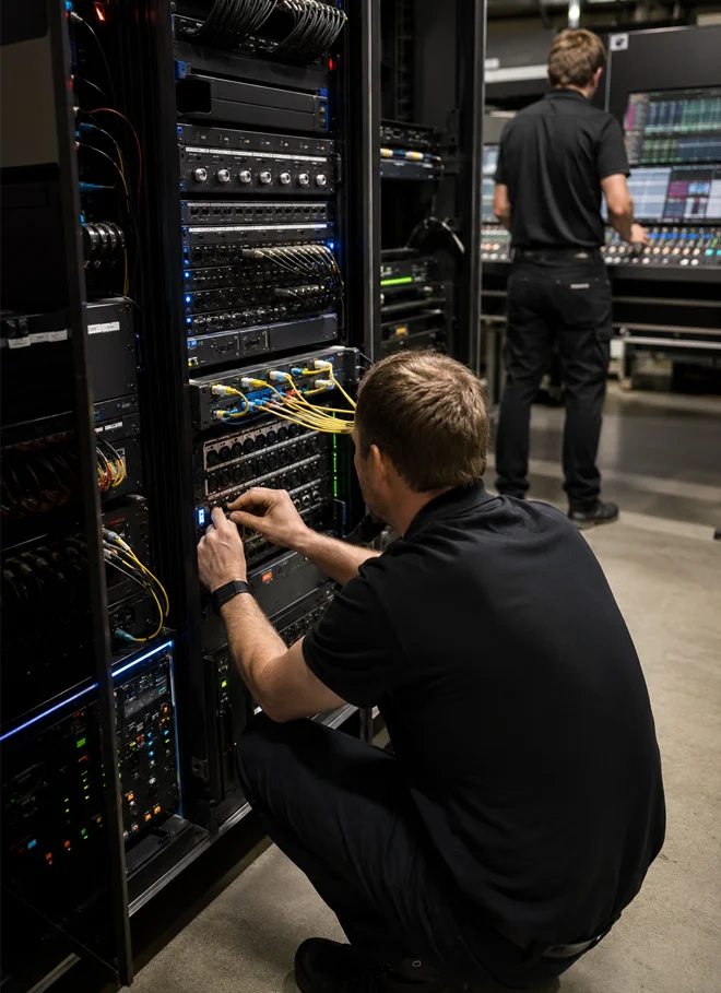 Hollywood Bowl systems integration image Technician working with professional audio infrastructure and signal transport equipment backstage