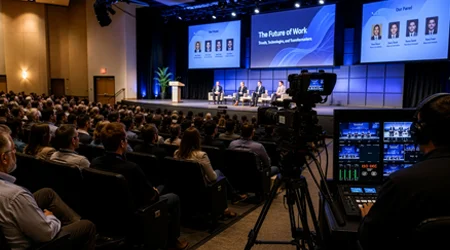 Hybrid event venue with live audience and broadcast production setup