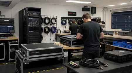 Pro AVL Melbourne Office technical workspace with AV equipment racks and technicians preparing systems